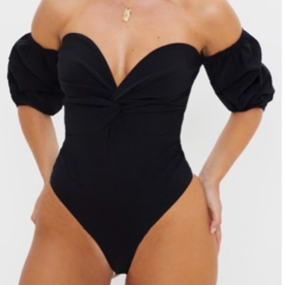 PrettyLittleThing Bardot Ruched Bodysuit with Puff Sleeves - Picture 3 of 5